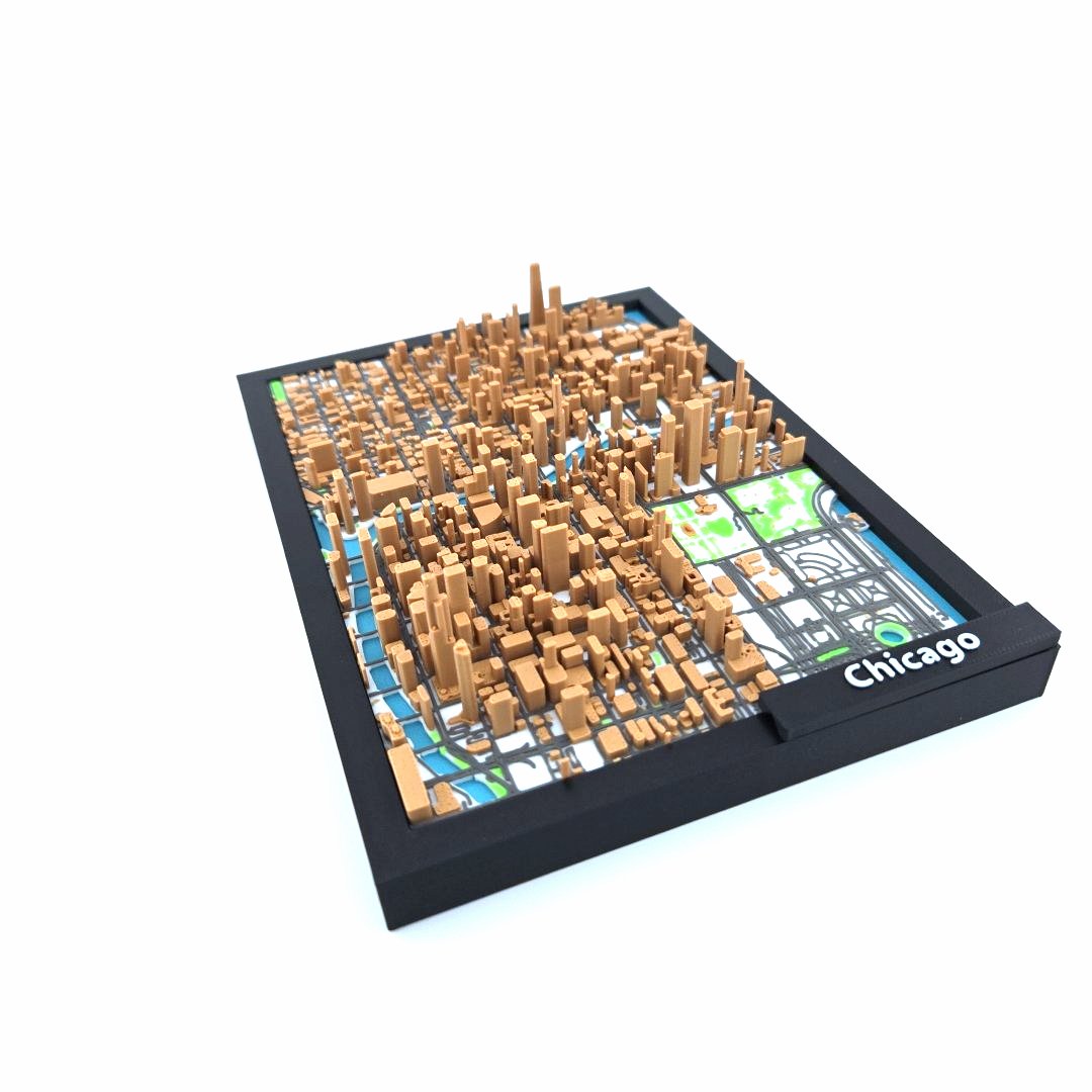 3D Miniature Model of Downtown Chicago – Framed Architectural Cityscape with Landmarks