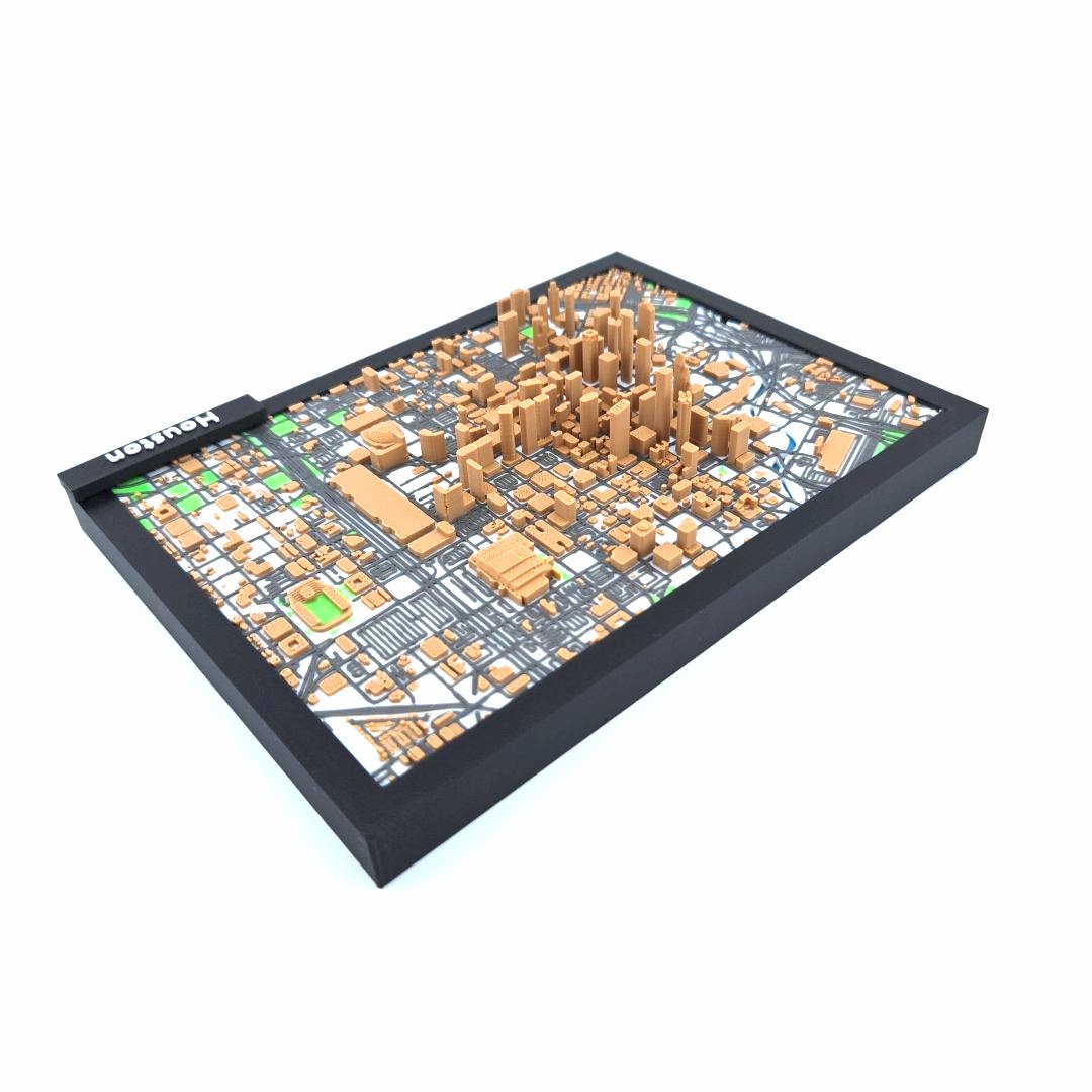 3D Miniature Model of Downtown Houston – Framed Architectural Cityscape with Landmarks