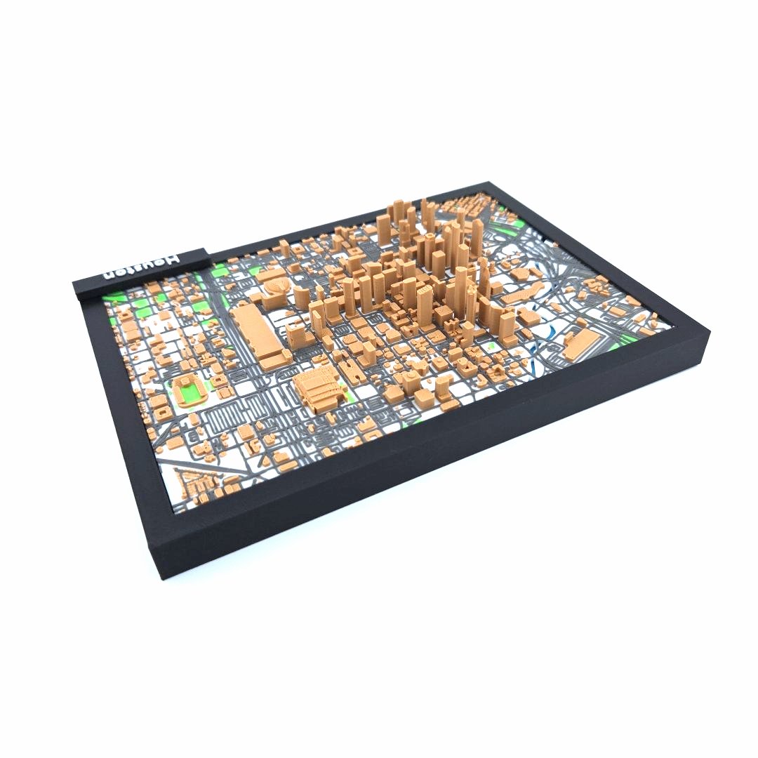 3D Miniature Model of Downtown Houston – Framed Architectural Cityscape with Landmarks