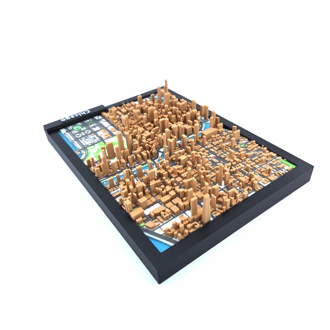 3D Miniature Model of Downtown Chicago – Framed Architectural Cityscape with Landmarks