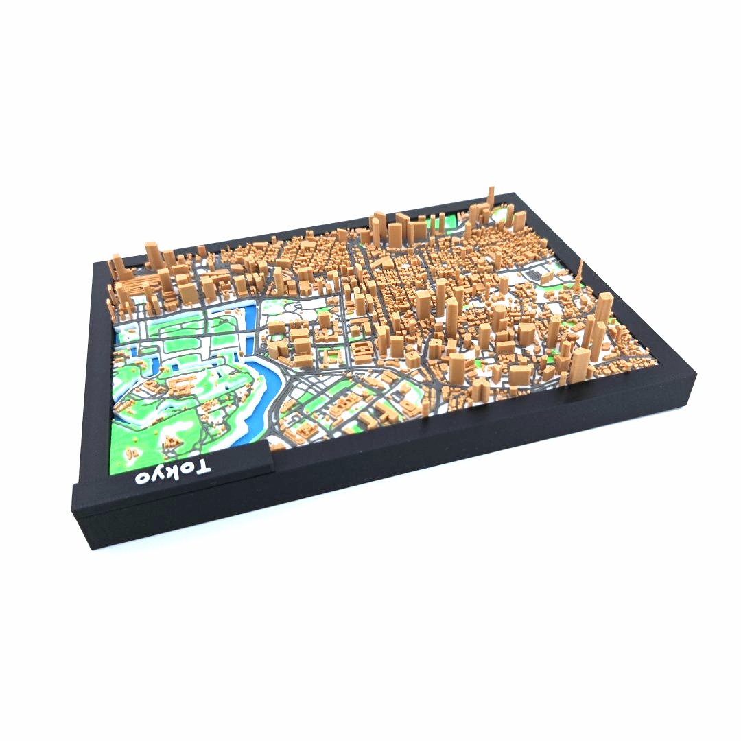 3D Miniature Model of Tokyo – Framed Architectural City Map with Urban Landmarks