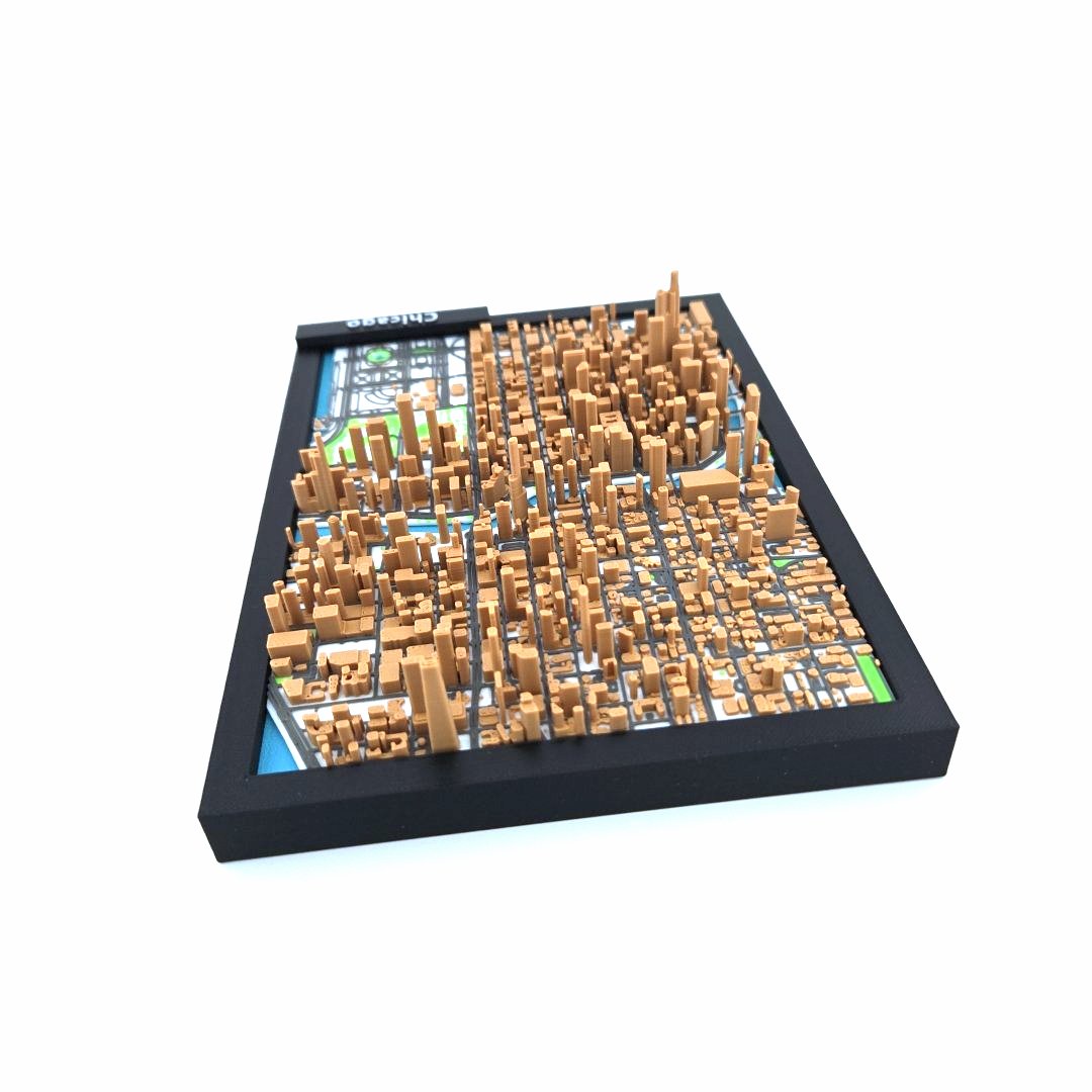 3D Miniature Model of Downtown Chicago – Framed Architectural Cityscape with Landmarks