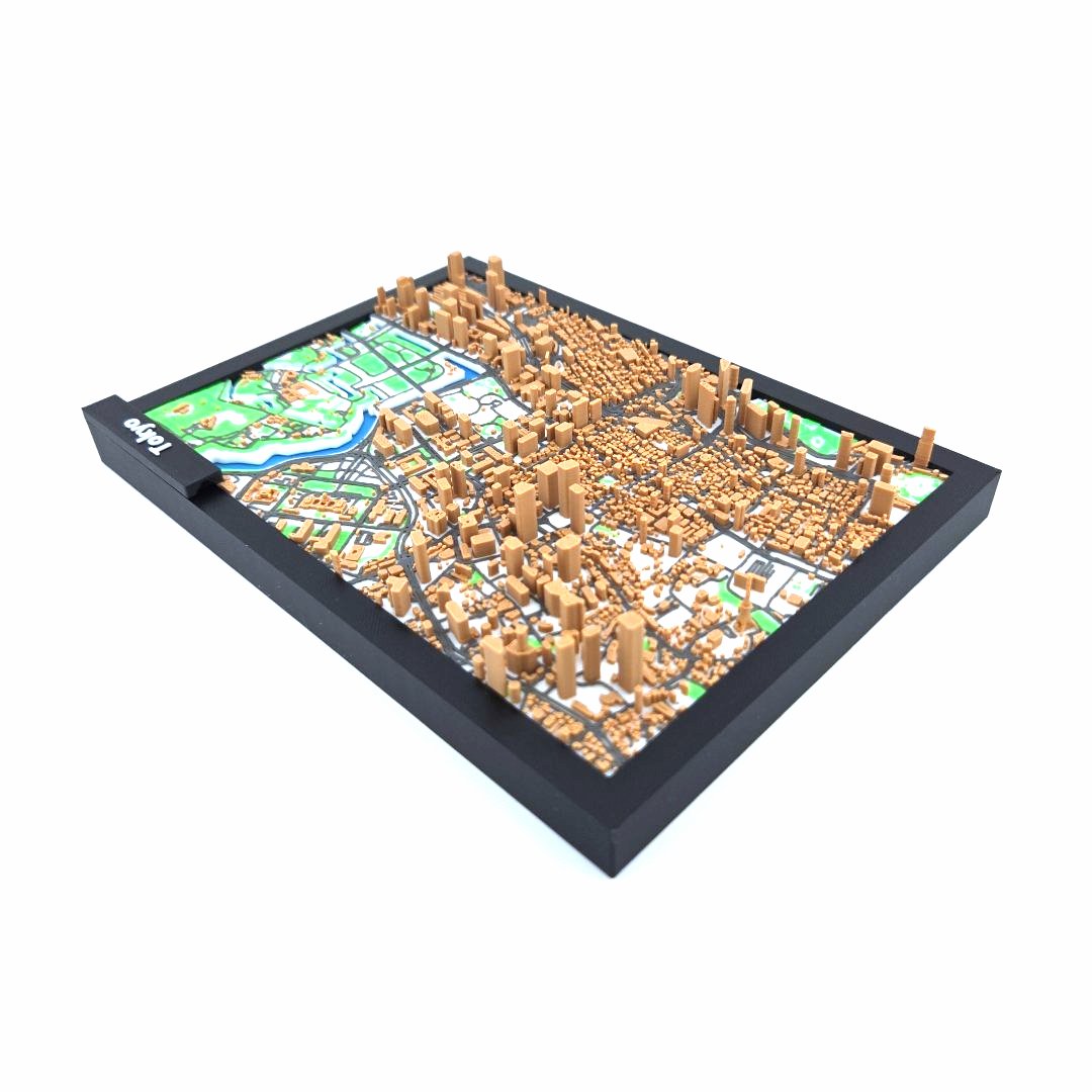 3D Miniature Model of Tokyo – Framed Architectural City Map with Urban Landmarks