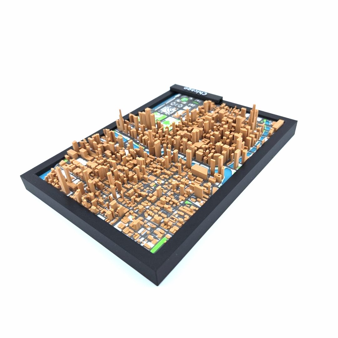 3D Miniature Model of Downtown Chicago – Framed Architectural Cityscape with Landmarks