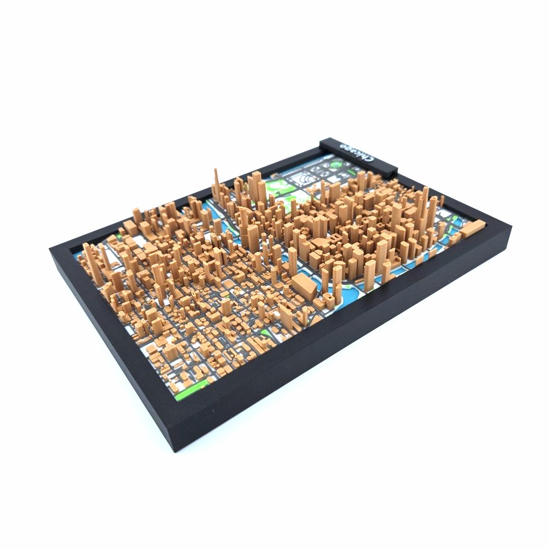 3D Miniature Model of Downtown Chicago – Framed Architectural Cityscape with Landmarks