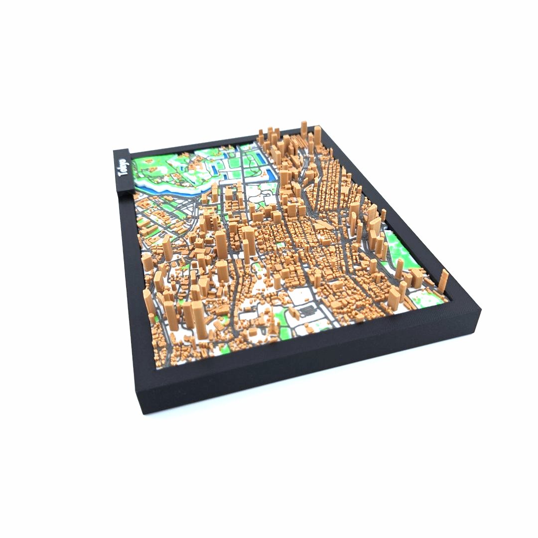 3D Miniature Model of Tokyo – Framed Architectural City Map with Urban Landmarks