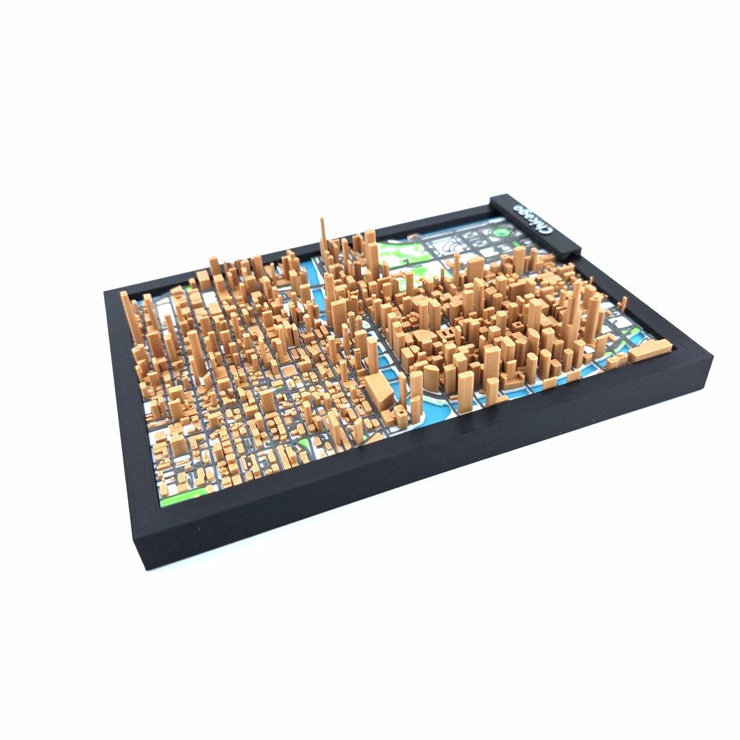3D Miniature Model of Downtown Chicago – Framed Architectural Cityscape with Landmarks