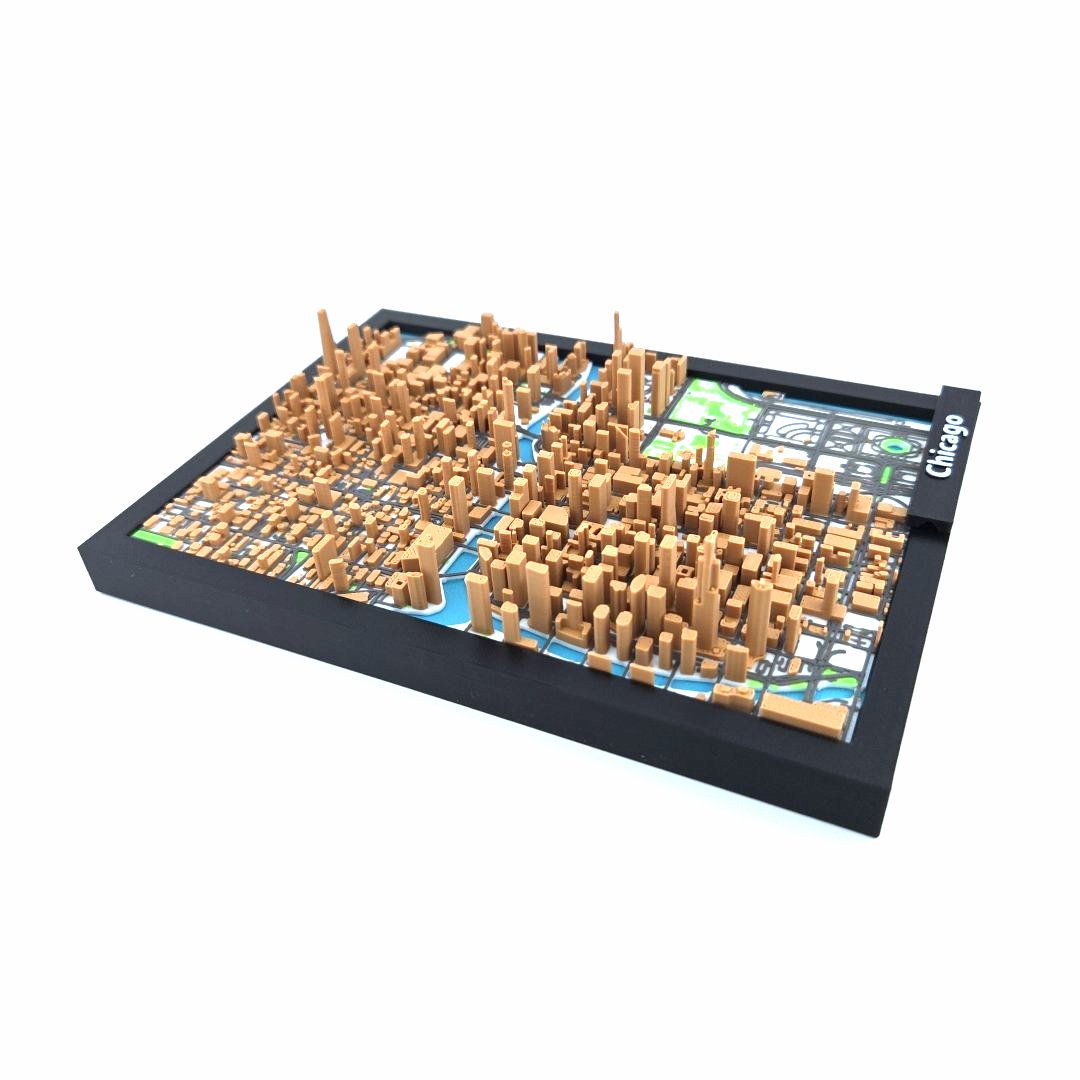 3D Miniature Model of Downtown Chicago – Framed Architectural Cityscape with Landmarks