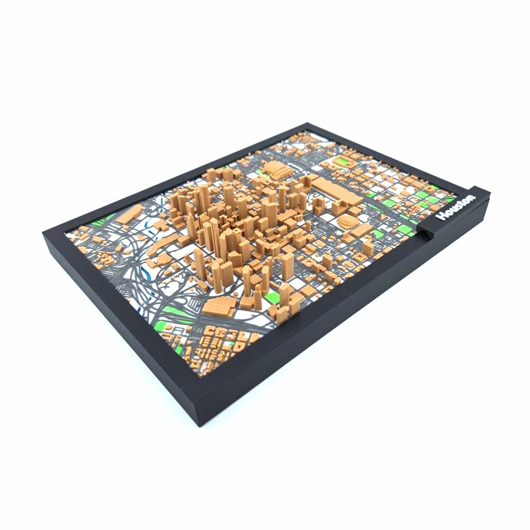 3D Miniature Model of Downtown Houston – Framed Architectural Cityscape with Landmarks