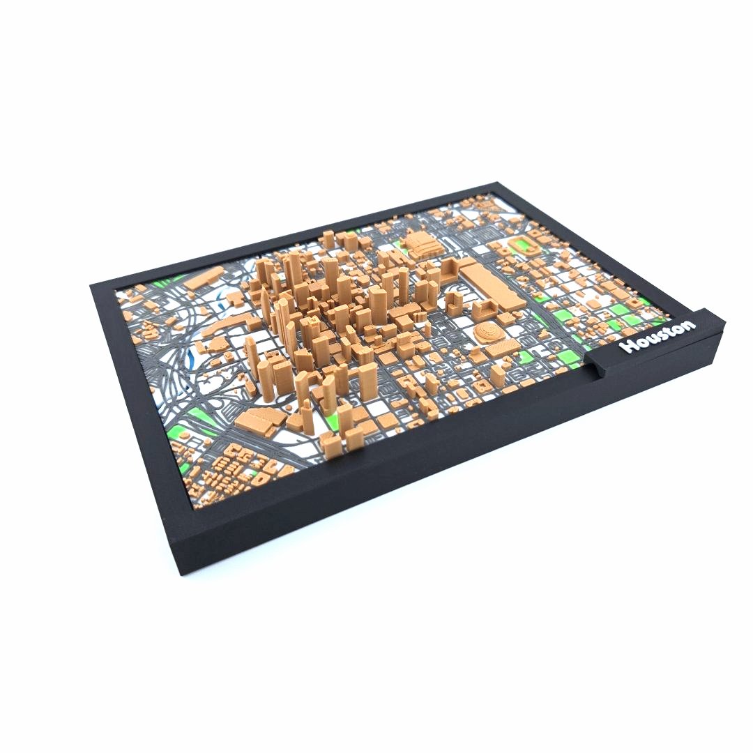 3D Miniature Model of Downtown Houston – Framed Architectural Cityscape with Landmarks