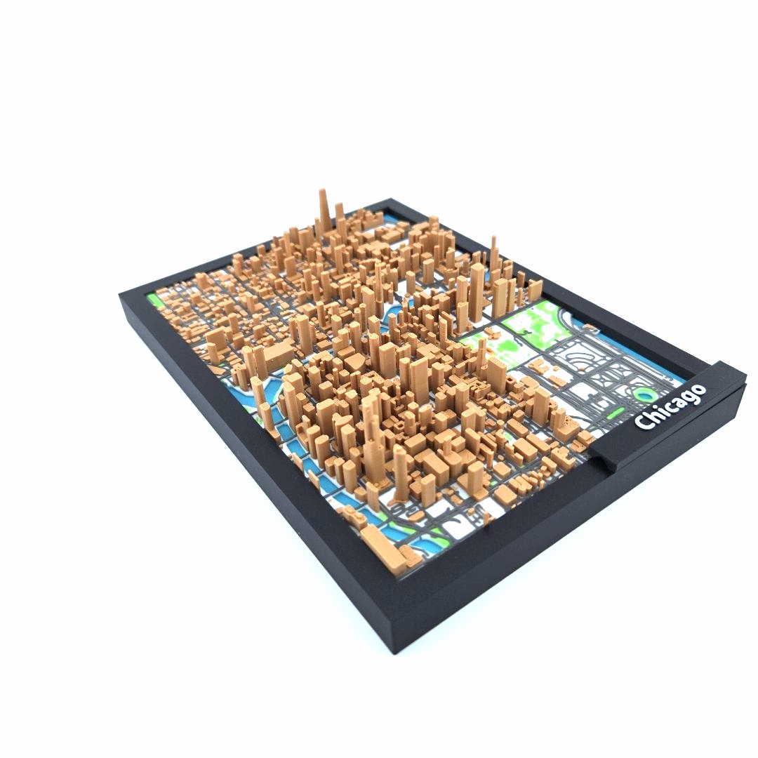 3D Miniature Model of Downtown Chicago – Framed Architectural Cityscape with Landmarks