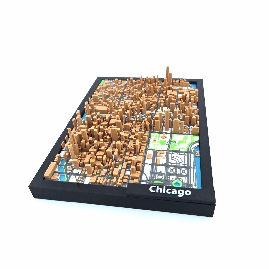 3D Miniature Model of Downtown Chicago – Framed Architectural Cityscape with Landmarks
