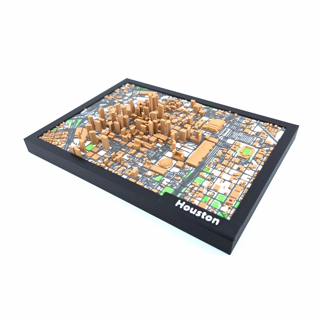 3D Miniature Model of Downtown Houston – Framed Architectural Cityscape with Landmarks