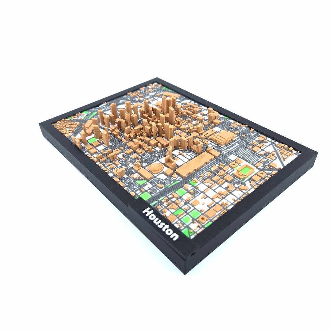 3D Miniature Model of Downtown Houston – Framed Architectural Cityscape with Landmarks