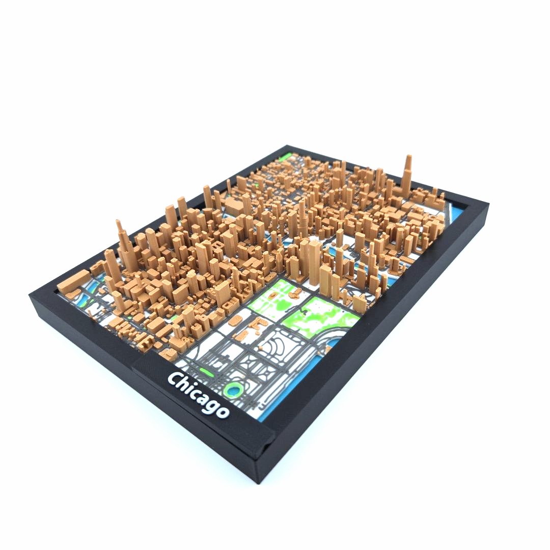 3D Miniature Model of Downtown Chicago – Framed Architectural Cityscape with Landmarks