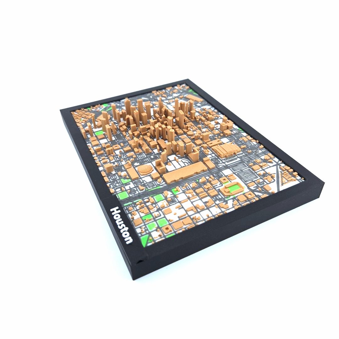 3D Miniature Model of Downtown Houston – Framed Architectural Cityscape with Landmarks