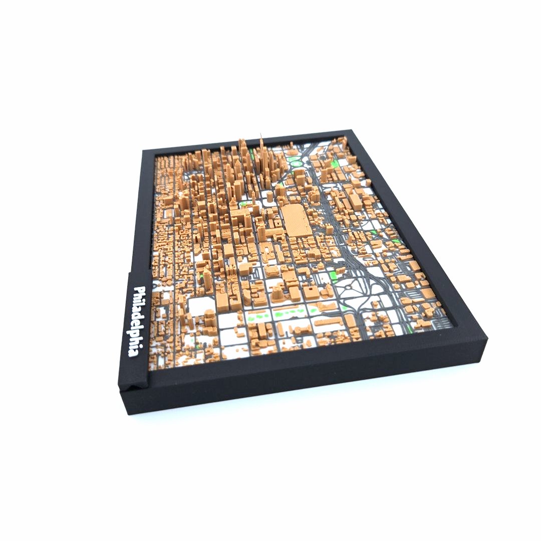3D Miniature Model of Downtown Philadelphia – Framed Architectural Cityscape with Landmarks