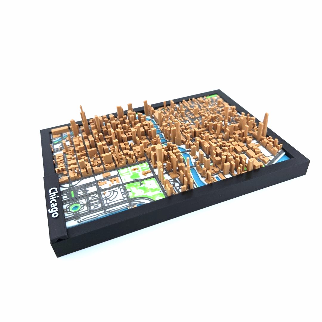 3D Miniature Model of Downtown Chicago – Framed Architectural Cityscape with Landmarks