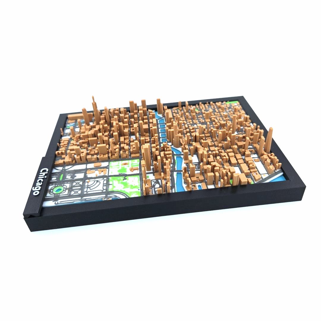 3D Miniature Model of Downtown Chicago – Framed Architectural Cityscape with Landmarks