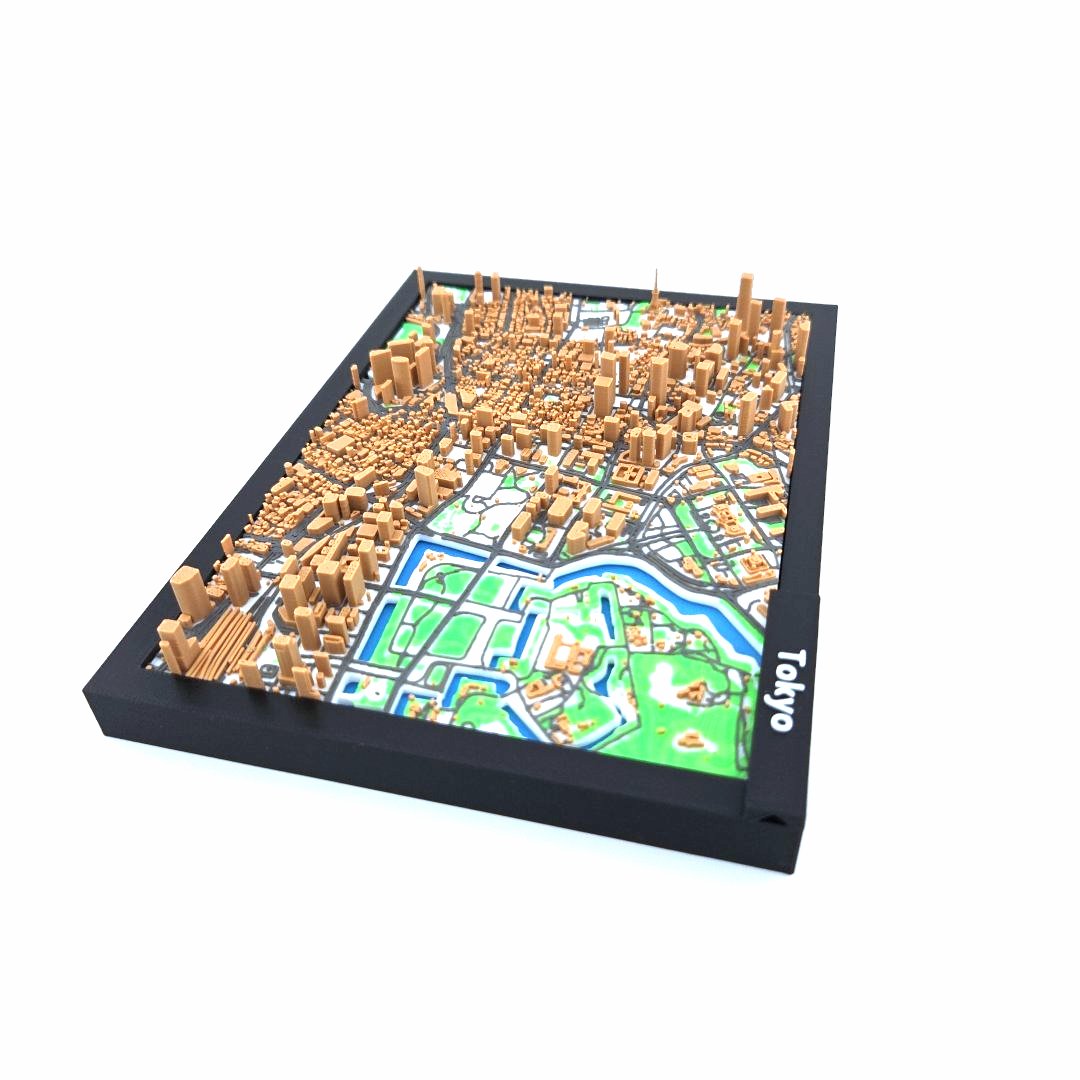 3D Miniature Model of Tokyo – Framed Architectural City Map with Urban Landmarks