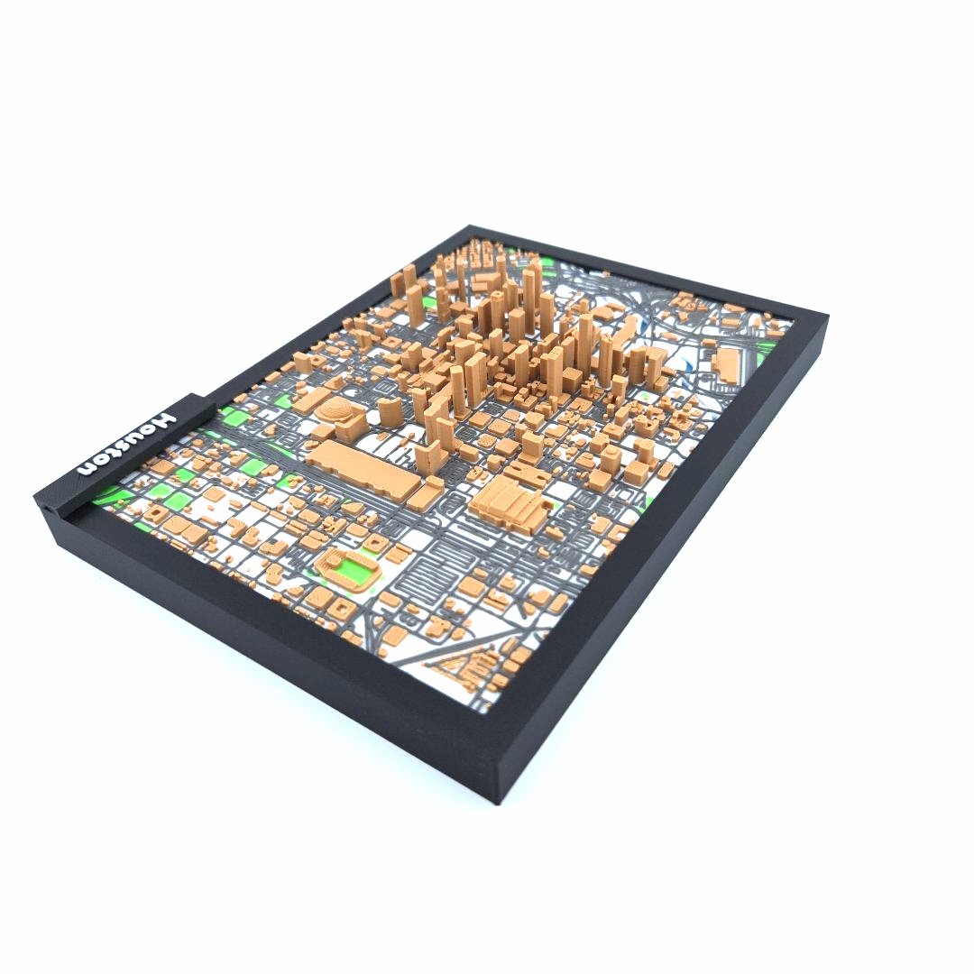 3D Miniature Model of Downtown Houston – Framed Architectural Cityscape with Landmarks