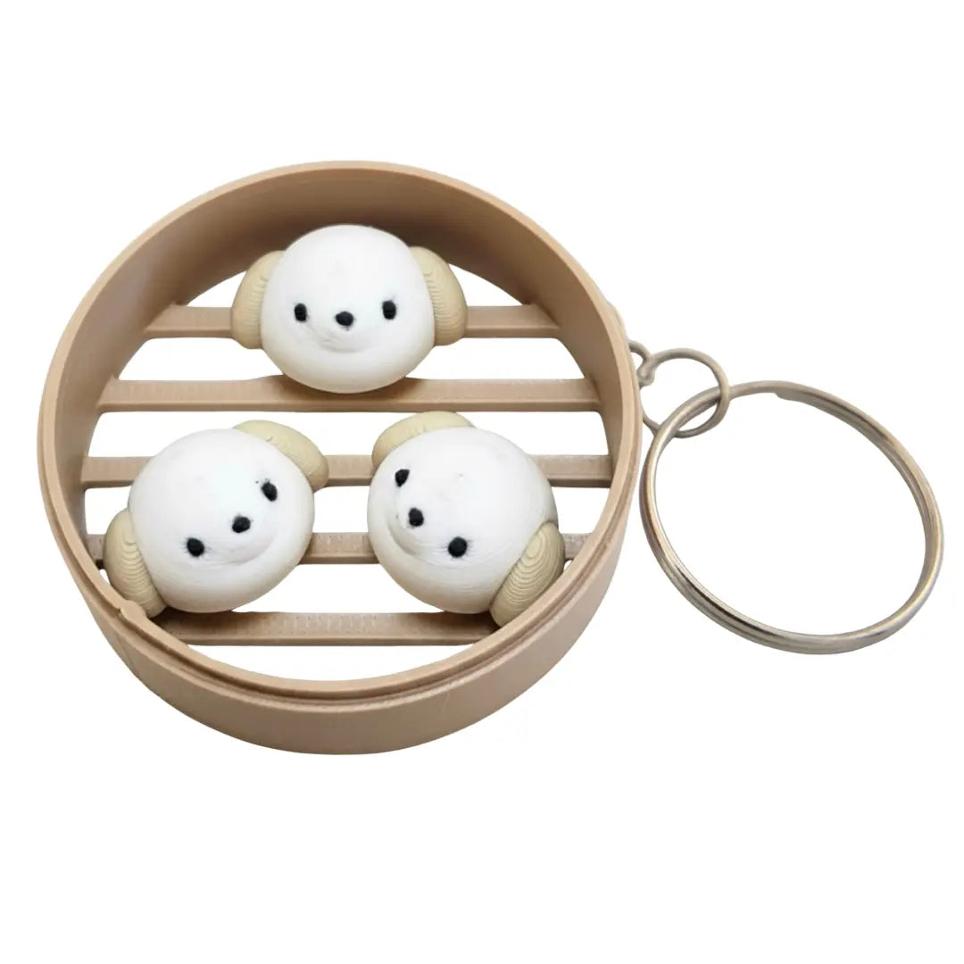 Dog dim sum bun keychain kawaii brown puppy steamer basket charm