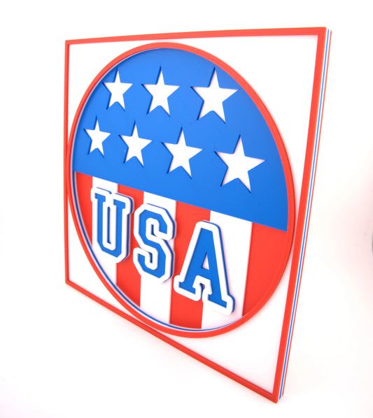 USA patriotic wall plaque close up layered red white blue sign