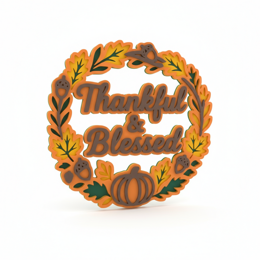 Thankful & Blessed Fall Wreath Sign – Layered 3D Autumn Door Decor with Pumpkin & Acorn Design | Thanksgiving Wall Hanging