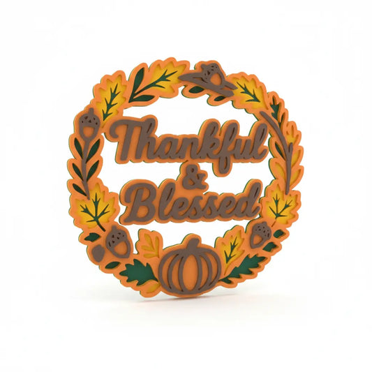 Thankful and Blessed fall wreath sign front view with pumpkin and acorn design