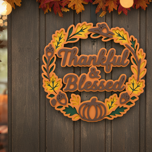 Thankful & Blessed Fall Wreath Sign – Layered 3D Autumn Door Decor with Pumpkin & Acorn Design | Thanksgiving Wall Hanging