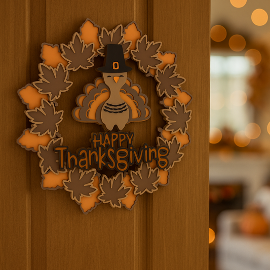 Thanksgiving Turkey Wreath Door Sign – Fall Maple Leaf Decor with “Happy Thanksgiving” Message | Autumn Harvest Wall Hanging for Home or Office