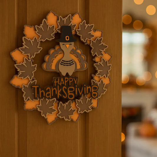 Thanksgiving Turkey Wreath Door Sign – Fall Maple Leaf Decor with “Happy Thanksgiving” Message | Autumn Harvest Wall Hanging for Home or Office Sancticraft