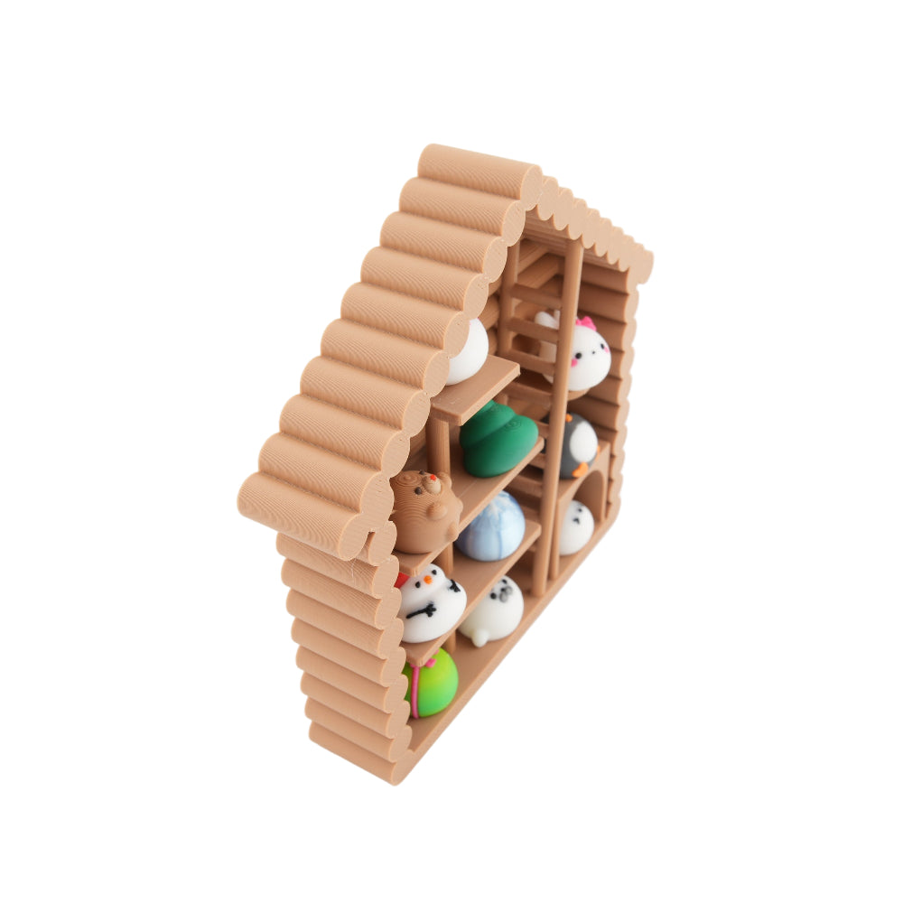 Mini Cabin Display Shelf with Kawaii Figures – Cute Desk Decor Set for Collectors | Soft Stress Relief Squishies in Log Cabin Organizer