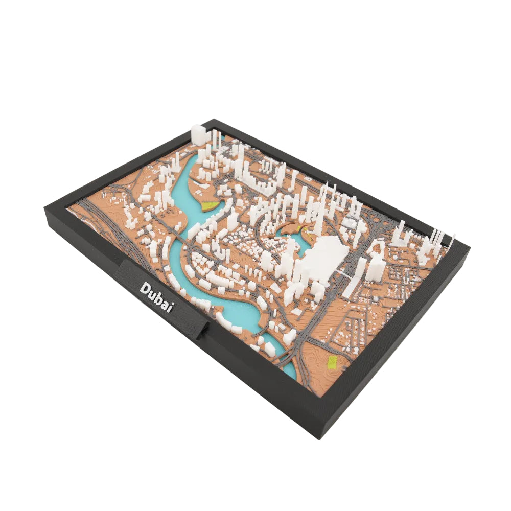 Dubai 3D City Map Model - Framed Miniature Skyline Topography Art | Layered Terrain and Raised Buildings | Modern Desk and Wall Display