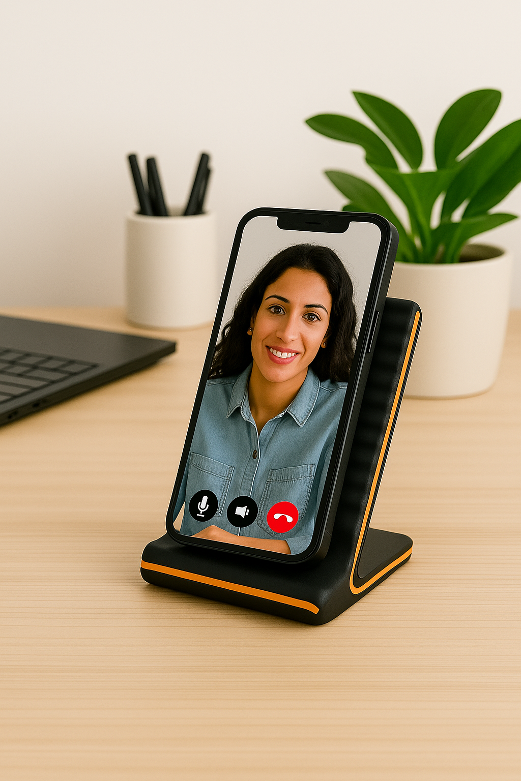 Rolled Phone Stand – Universal Grooved Grip Holder for Smartphones & Mini Tablets – Matte Black with Orange Accent