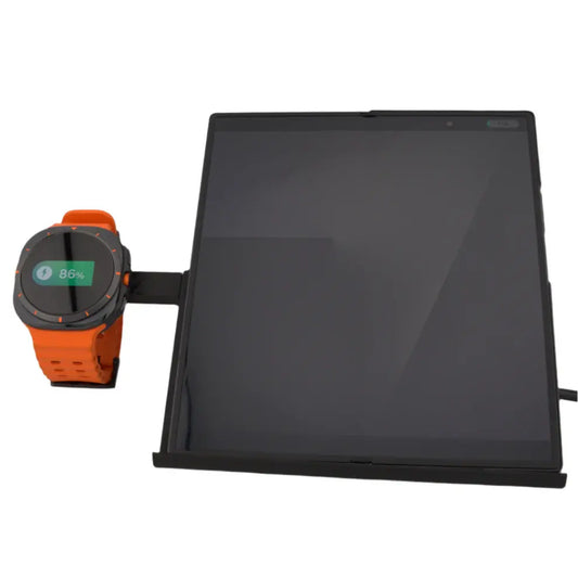 Galaxy Z Fold 7 wireless charging stand with desktop setup
