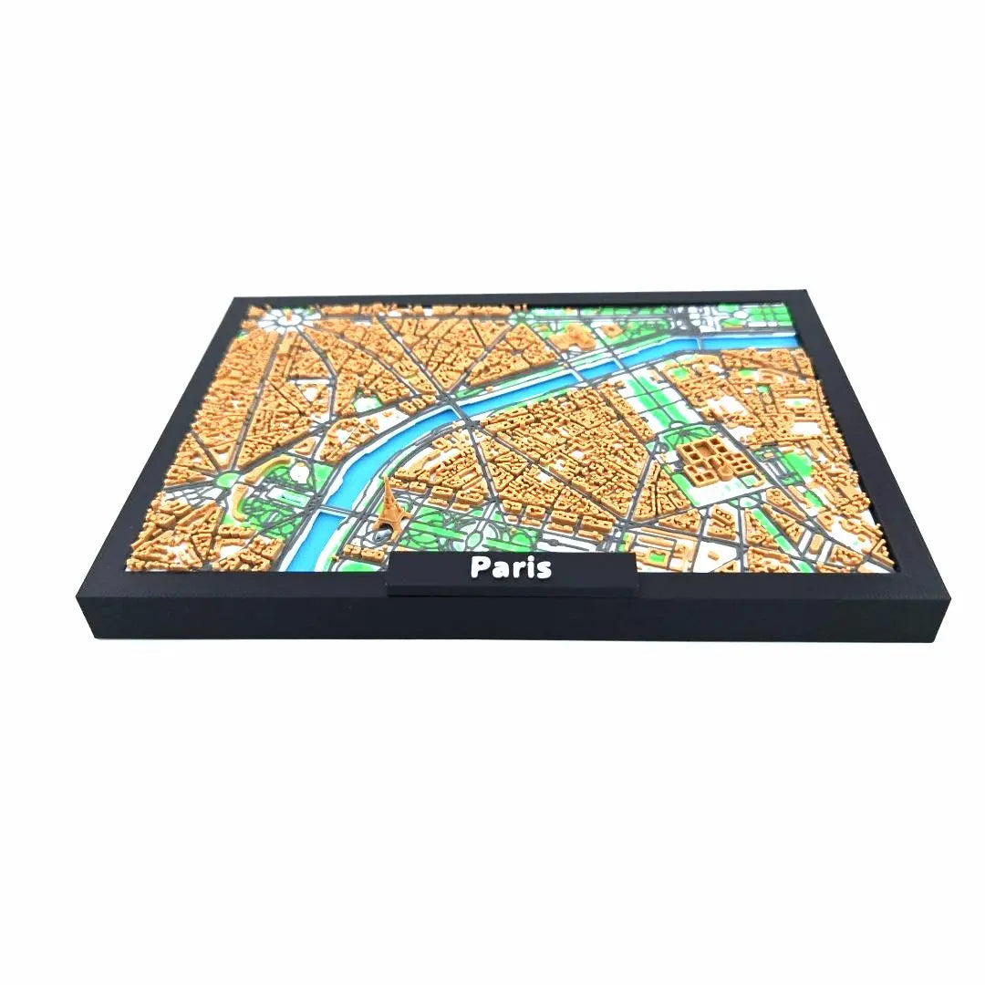 Framed 3D Paris city map showing the Seine and central districts in miniature