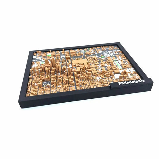 Framed 3D Philadelphia city map with raised downtown buildings and streets
