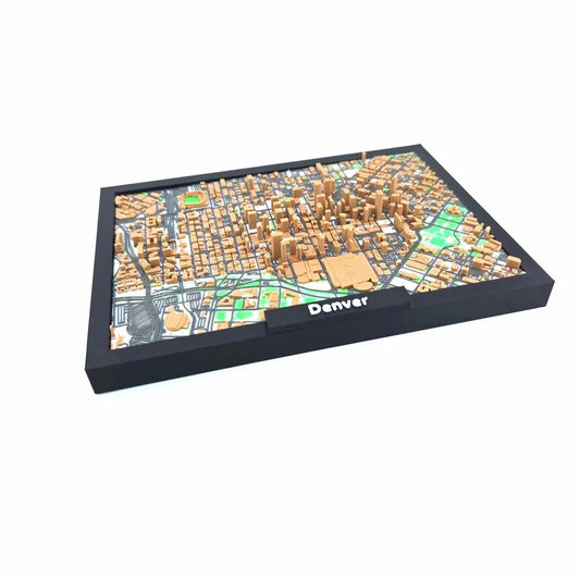Framed 3D Denver city map with raised downtown buildings and street layout