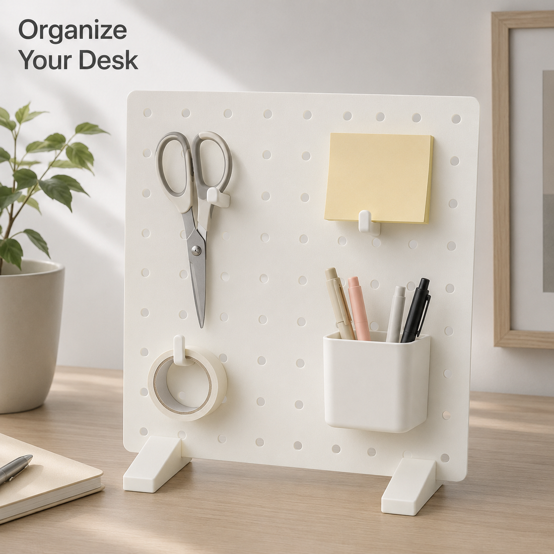 Freestanding white desktop pegboard panel for a study desk