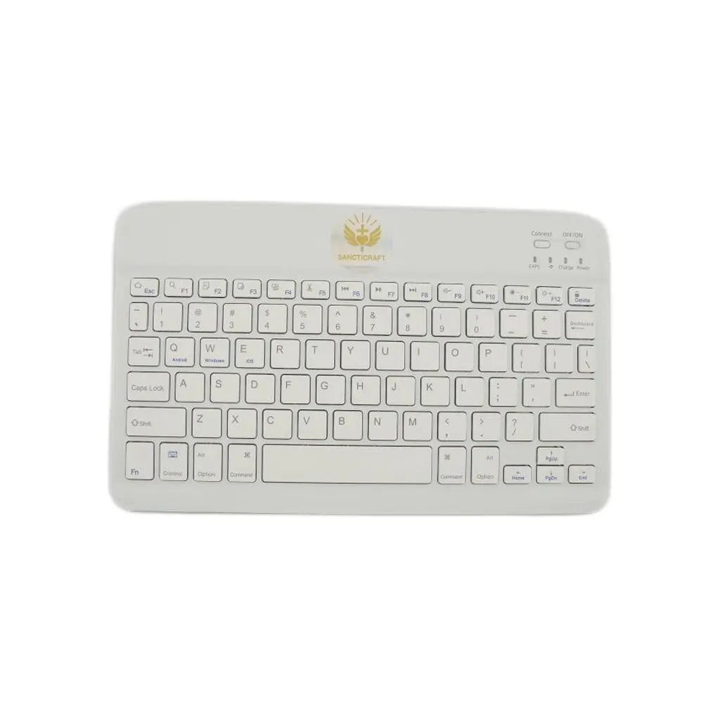 White compact low-profile Bluetooth keyboard with a function row and no numpad