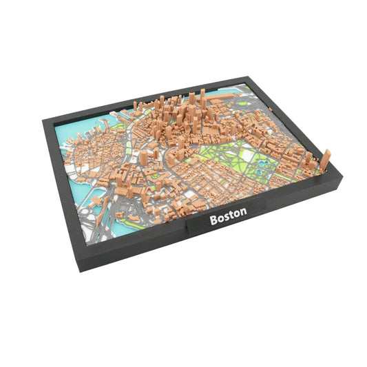 Framed 3D Boston city map with layered buildings, streets and waterfront