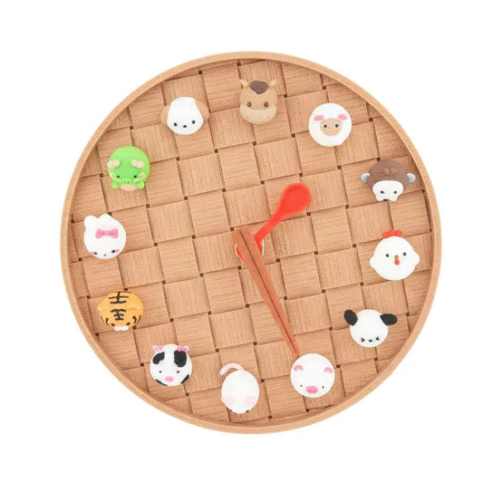 Round clock face styled as a woven steamer basket with twelve zodiac animals as the hour markers