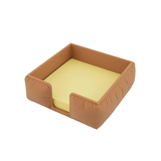 Brown sticky note holder with a front notch for pulling one note at a time