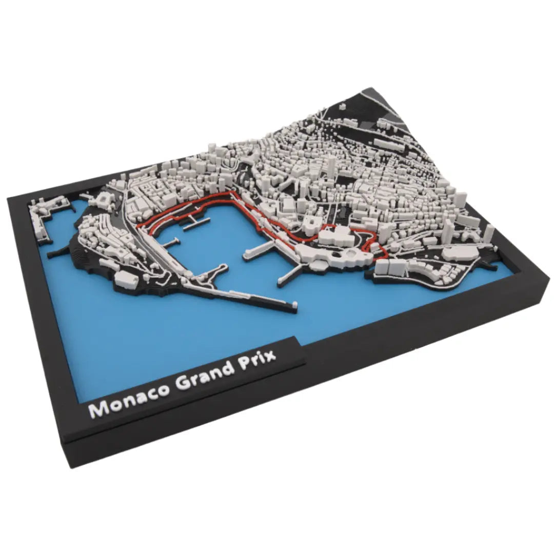 Monaco Grand Prix 3D track map with the street circuit route highlighted through layered city detail