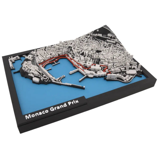 Monaco Grand Prix 3D track map with the street circuit route highlighted through layered city detail