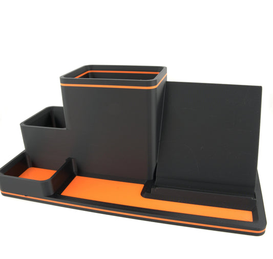 Desktop organizer caddy with phone stand and multi-compartment storage in black and orange