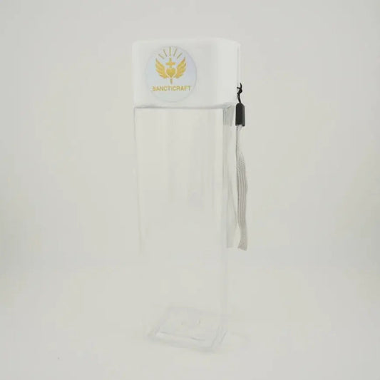 Clear square-profile water bottle with a white screw lid and carry strap