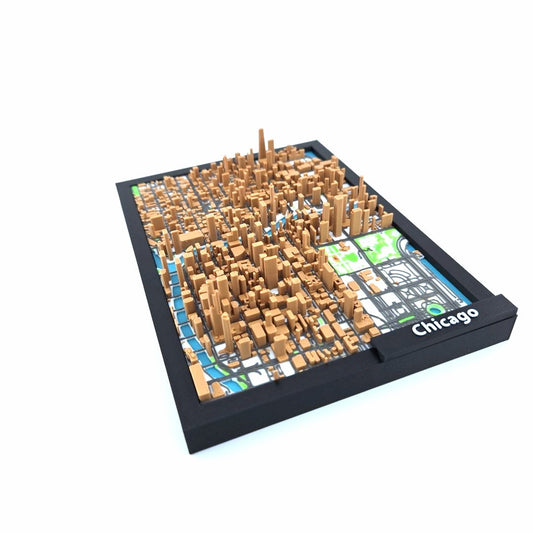 3D Miniature Model of Downtown Chicago – Framed Architectural Cityscape with Landmarks