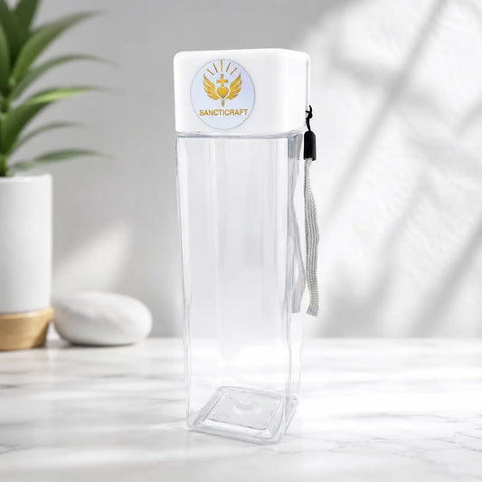 Sancticraft Clear Water Bottle - 17 oz Square Travel Bottle with Strap Sancticraft